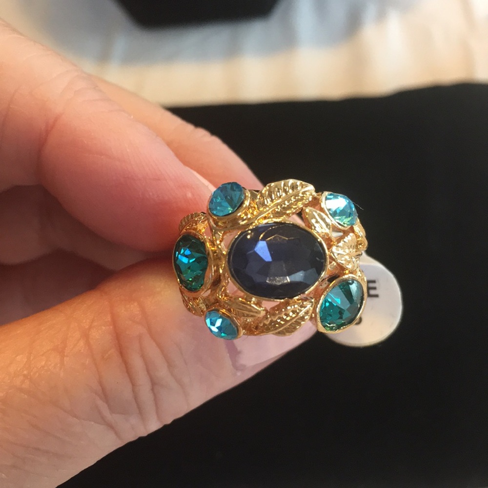 Blue Crystals Gold Ring Size 8